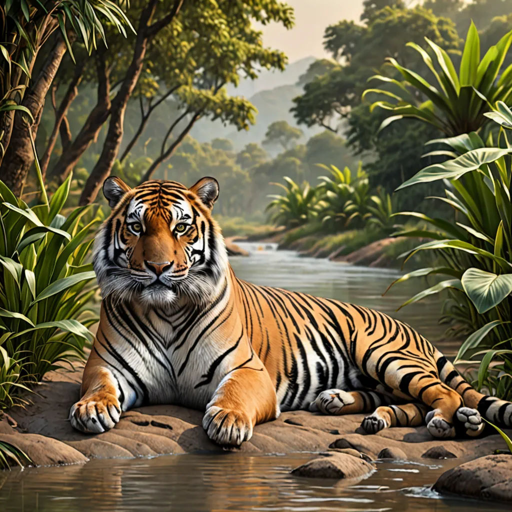 a tiger laying on a rock in a river surrounded by trees and plants, with a stream running through it, photorealism, a photorealistic painting, Art Brenner, highly detailed digital painting