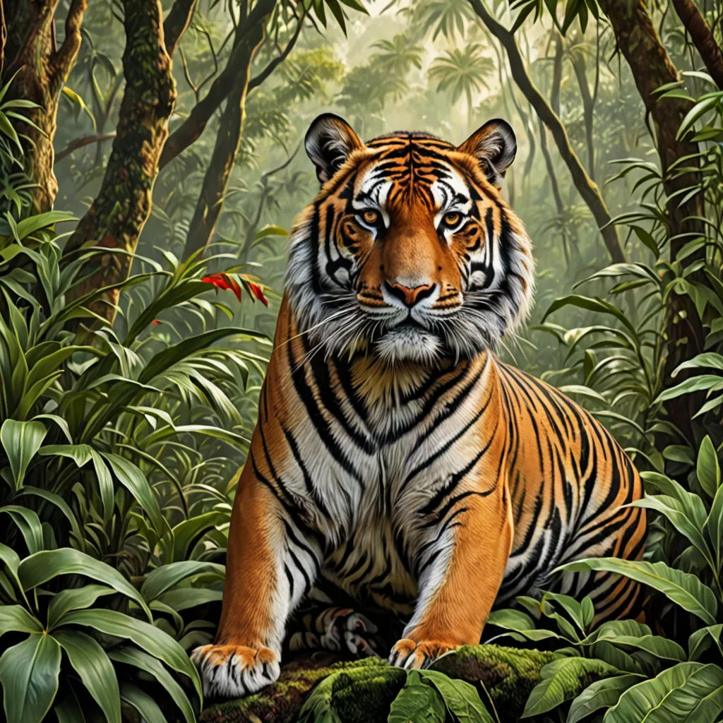 a tiger sitting in the middle of a jungle with trees and plants around it and a bird flying above, sumatraism, an airbrush painting, Anne Stokes, highly detailed digital painting