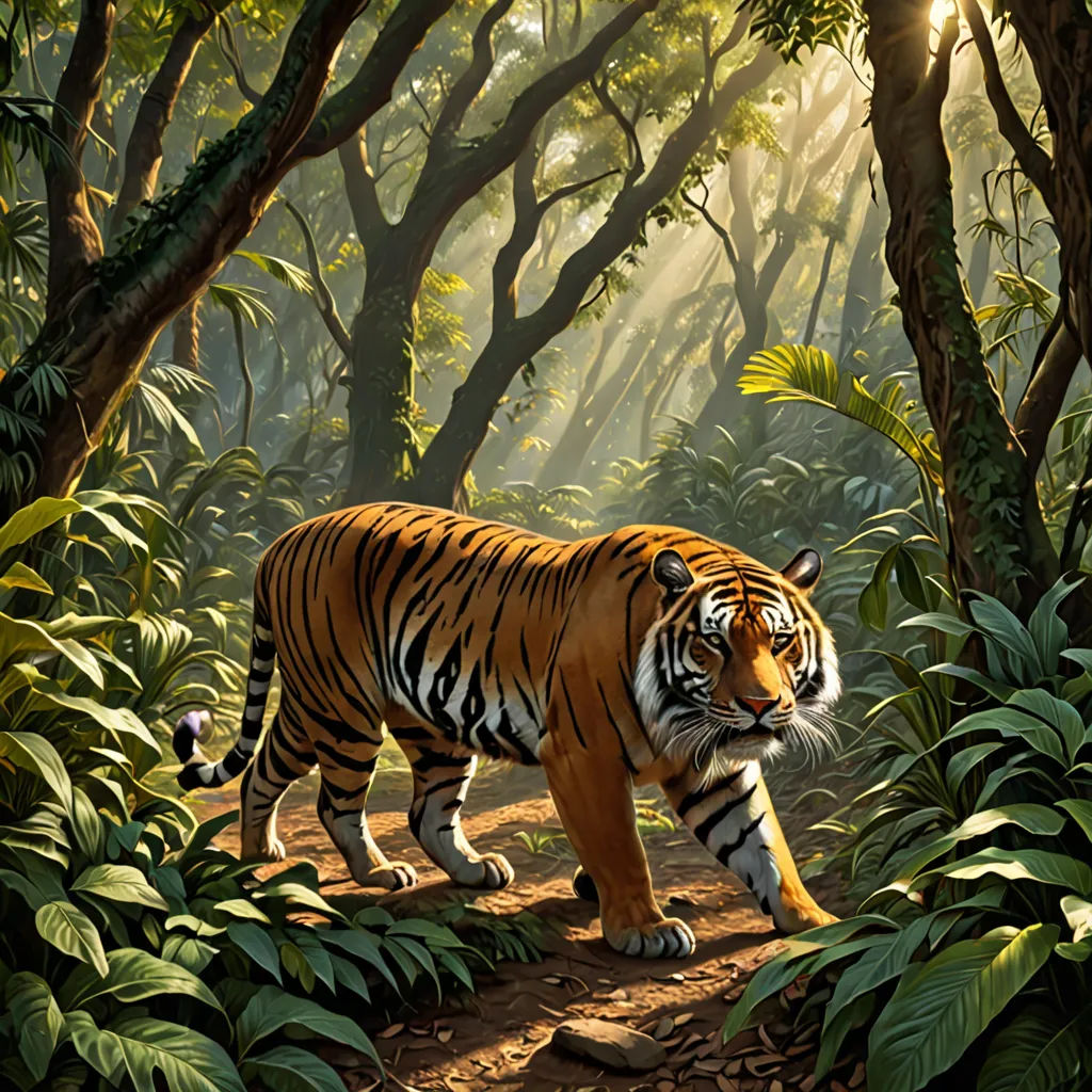 a tiger walking through a forest filled with trees and leaves on a sunny day with the sun shining through the trees, fantasy art, a detailed matte painting, Chris LaBrooy, highly detailed digital painting