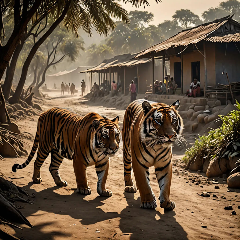 two tigers walking in front of a hut with people in the background and a dirt path leading to the hut, bengal school of art, a detailed matte painting, Arie Smit, wildlife photography