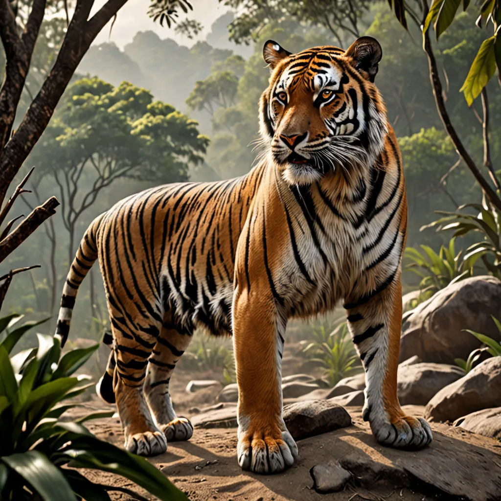 a tiger standing on a rock in a forest with trees and rocks in the background and a few bushes and trees, photorealism, a detailed matte painting, Eddie Mendoza, weta digital