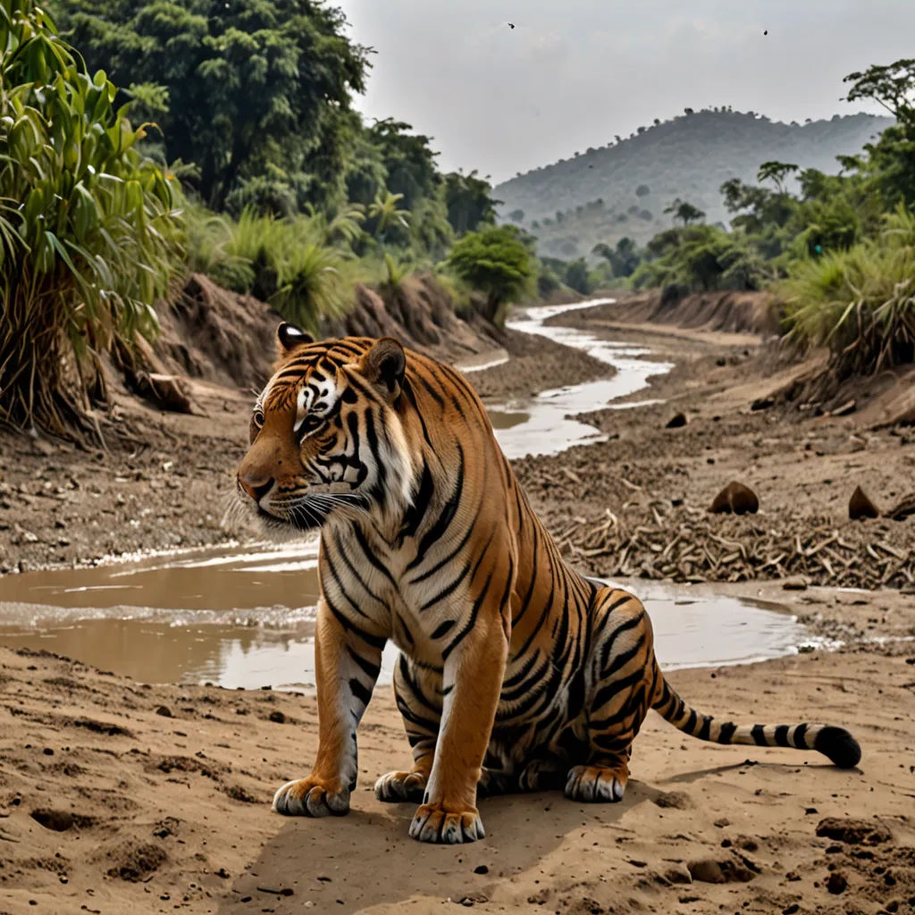 a tiger sitting on a dirt road next to a river and trees in the background with a sky background, sumatraism, a jigsaw puzzle, Art Brenner, wildlife photography
