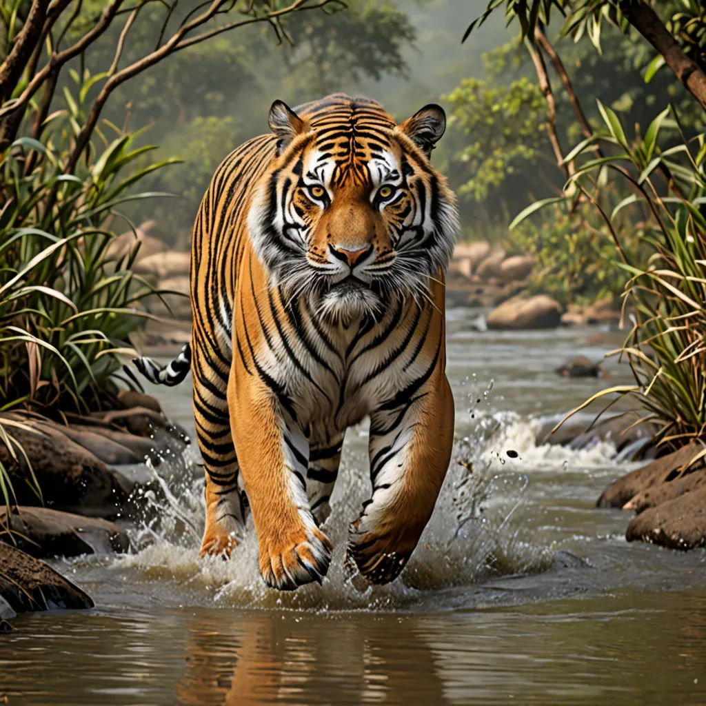 a tiger walking through a river surrounded by trees and rocks and water with a reflection of its face in the water, sumatraism, a digital rendering, Art Brenner, wildlife photography