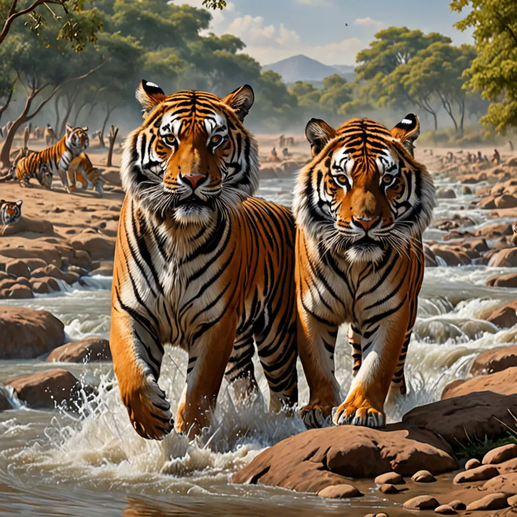 two tigers walking through a river surrounded by rocks and trees, with other animals in the background, and a few trees and bushes, fantastic realism, an oil painting, Brothers Hildebrandt, highly detailed oil painting