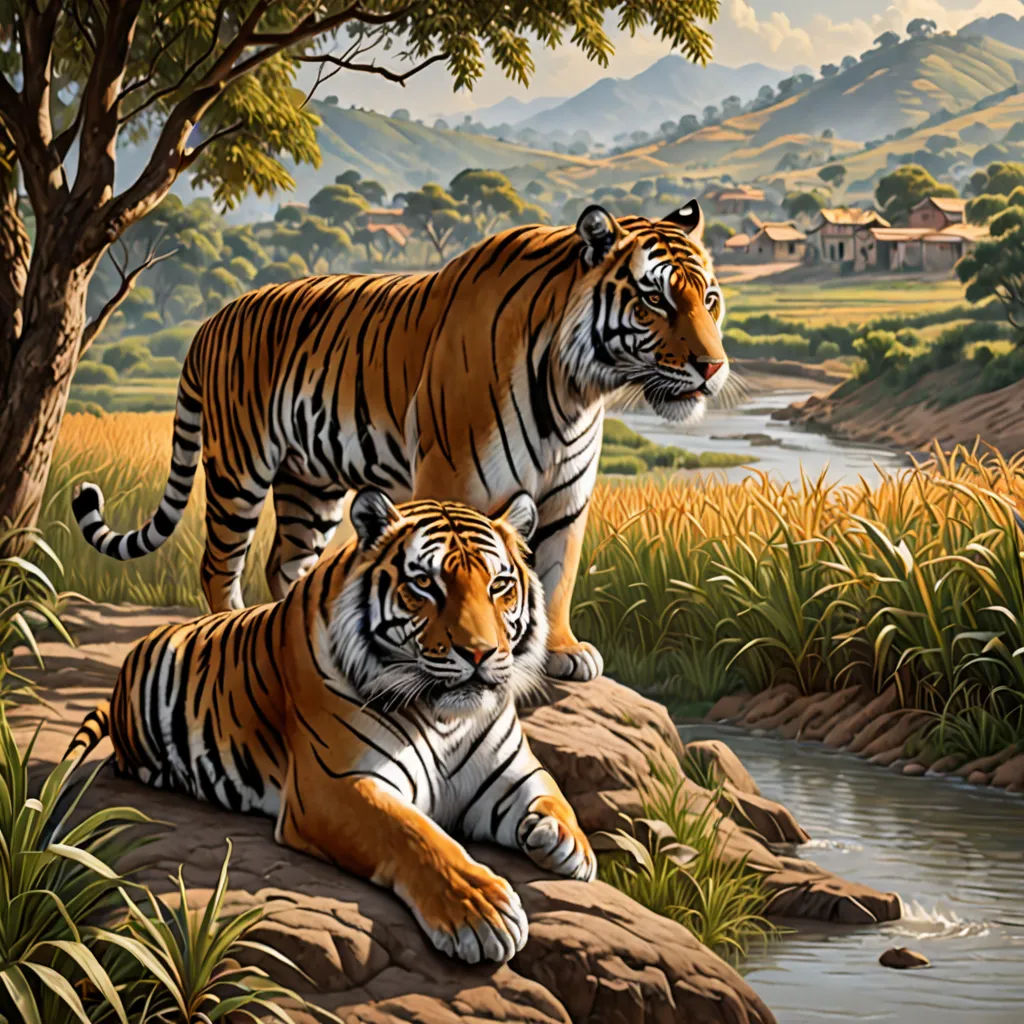two tigers sitting on a rock next to a river and a forest with a house in the background and a mountain range in the background, fantastic realism, an oil painting, Brothers Hildebrandt, highly detailed oil painting
