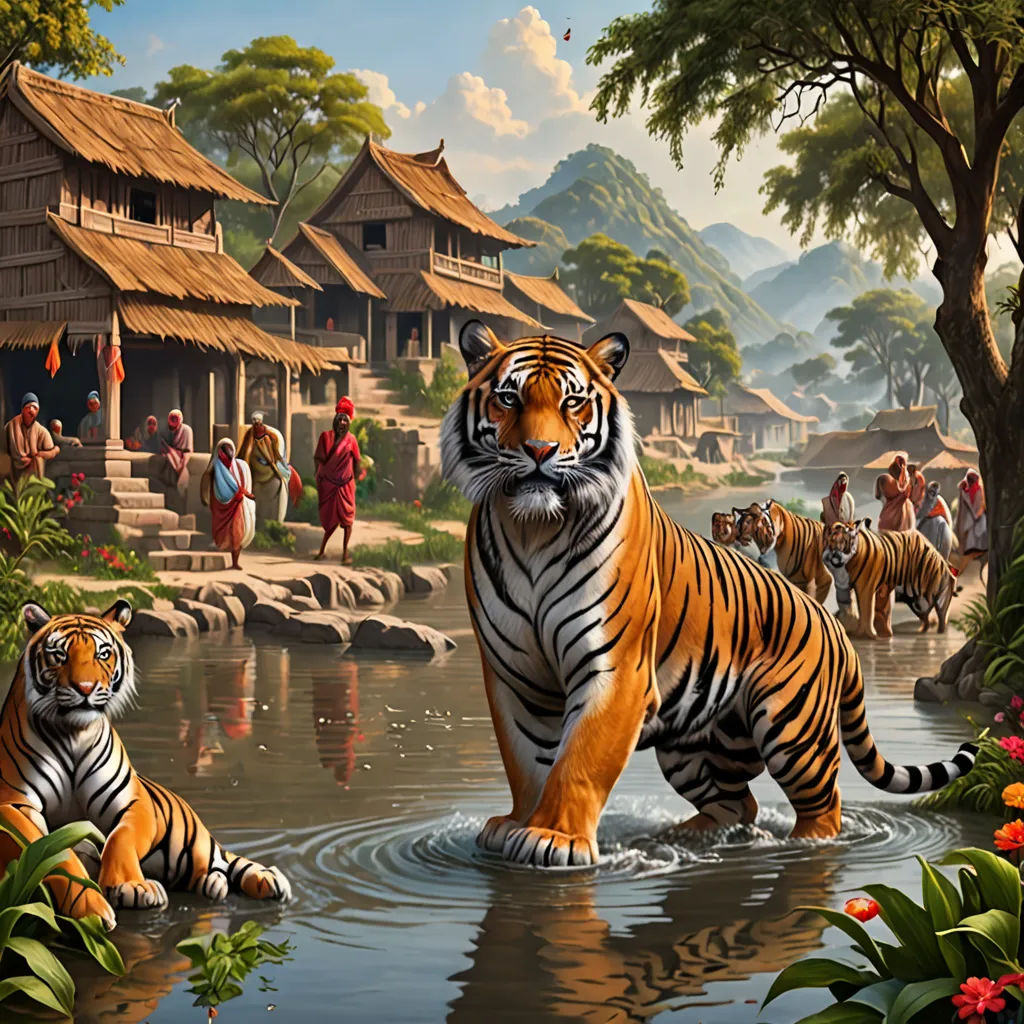 a painting of a tiger and a tiger cub in a river with people in the background and a house, naive art, a detailed matte painting, Brothers Hildebrandt, highly detailed digital painting
