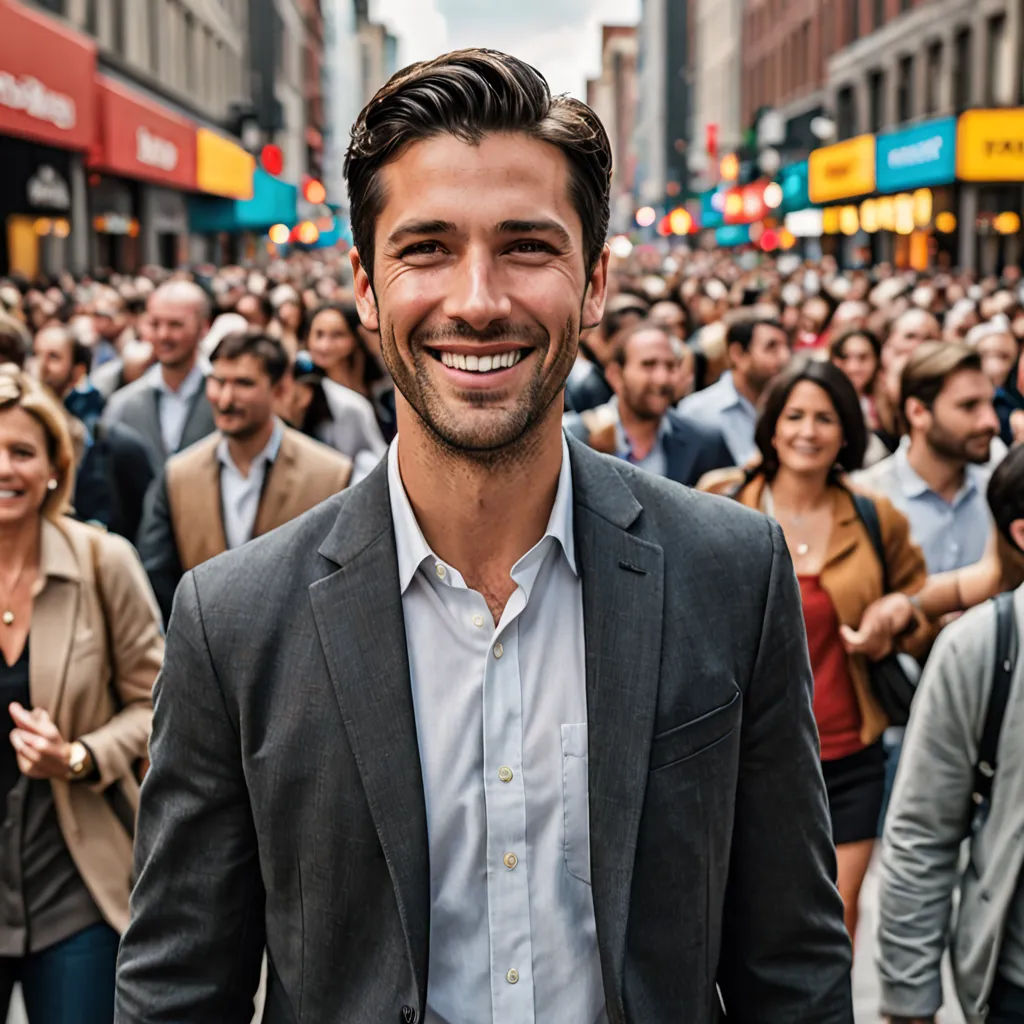a man in a suit standing in front of a crowd of people on a street with buildings in the background, maximalism, a stock photo, Adam Dario Keel, promotional image
