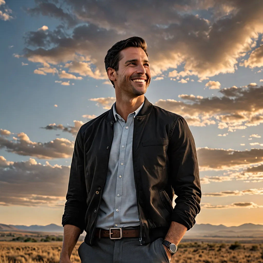 a man standing in a field with a sky background and clouds in the background, smiling at the camera, american romanticism, a character portrait, Adam Dario Keel, promotional image