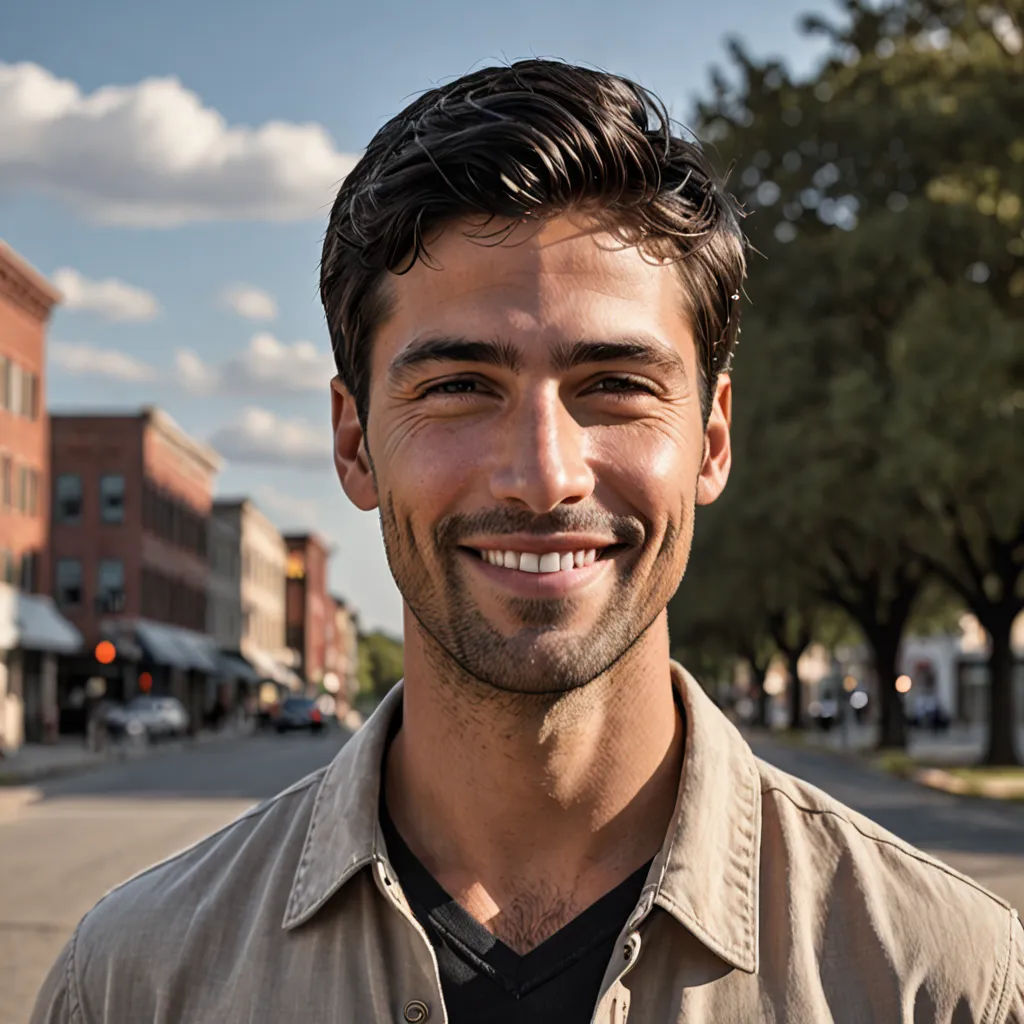 a man smiling while standing on a street corner in front of a building with a tree in the background, private press, a character portrait, Adam Saks, promotional image