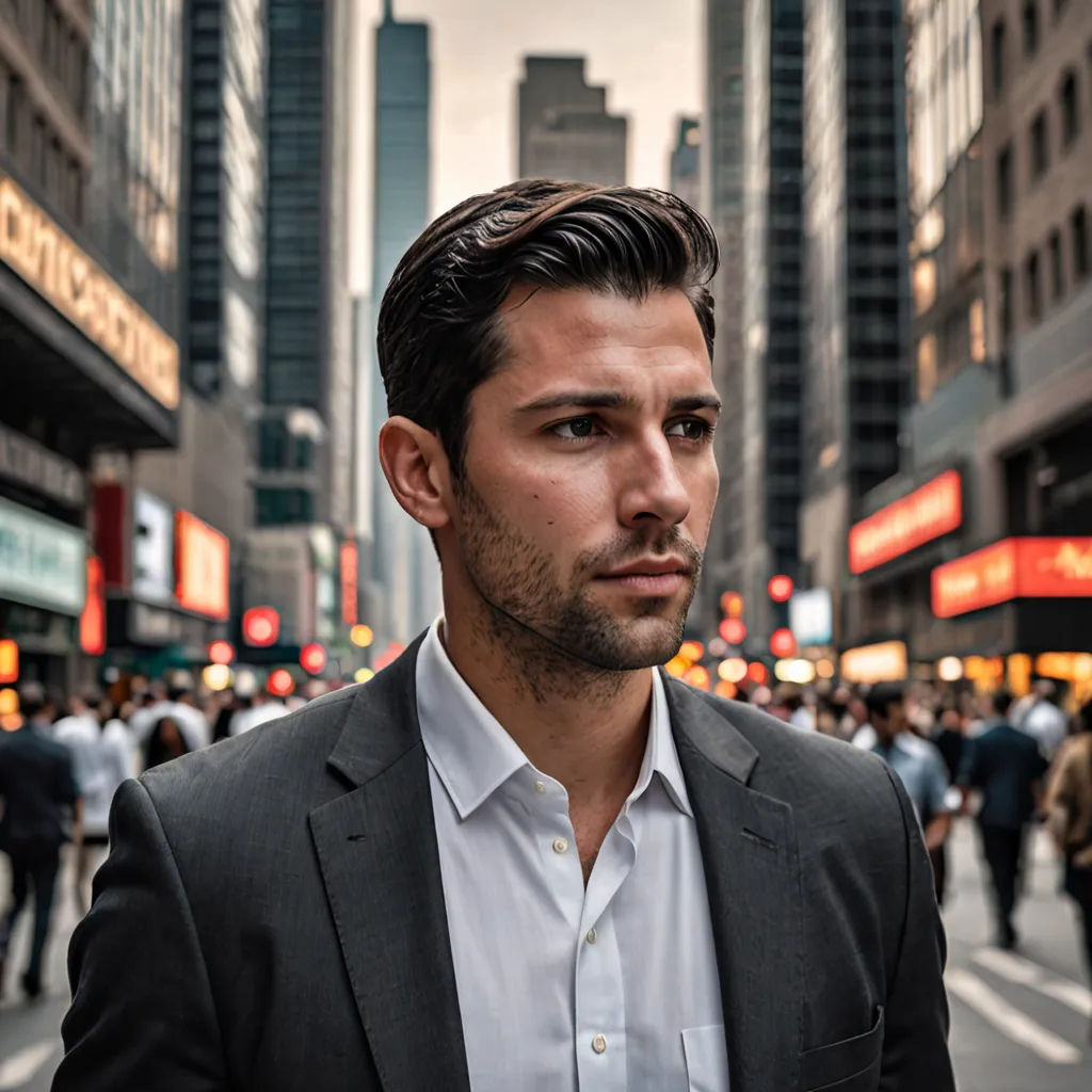 a man in a suit standing in the middle of a busy street in a city with tall buildings in the background, neoism, a character portrait, Drew Tucker, portrait photography