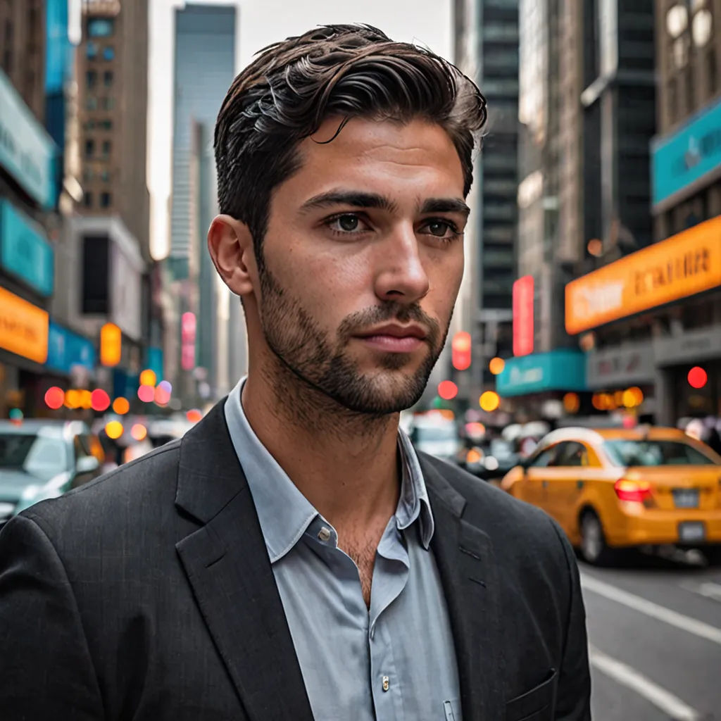 a man in a suit standing in the middle of a street in a city with traffic and buildings in the background, maximalism, a photorealistic painting, Adam Saks, mitchell mohrhauser