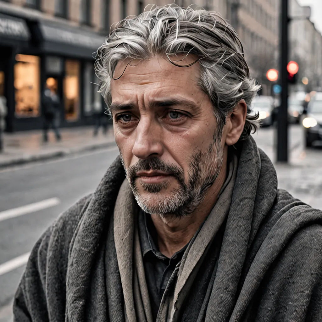 a man with a beard and a scarf on a city street with a car in the background and a building across the street, antipodeans, a character portrait, Alexander Jansson, promotional image
