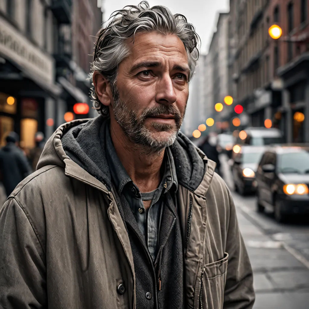 a man standing on a street corner in a city with cars and buildings in the background, with a man with a beard and a beard, american realism, a character portrait, Erwin Bowien, mitchell mohrhauser