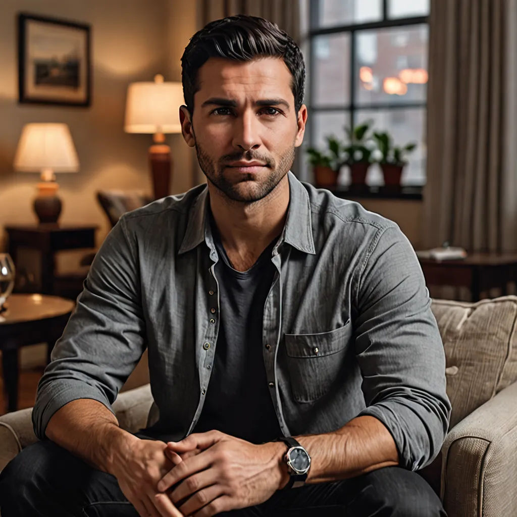 a man sitting on a couch in a living room with a window behind him and a lamp on the side, hyperrealism, a character portrait, david rubín, promotional image