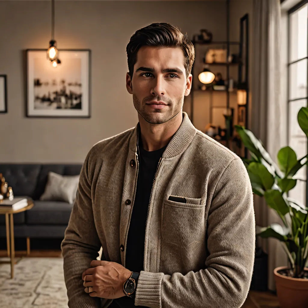 a man standing in a living room with a plant in the corner of the room and a couch in the background, arts and crafts movement, a stock photo, Alexander Kucharsky, promotional image