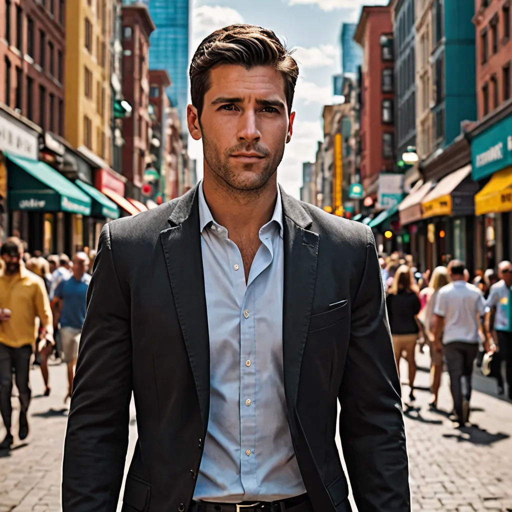 a man in a suit is standing on a street corner with a crowd of people in the background and a man in a suit is standing on the street, maximalism, a character portrait, Adam Paquette, promotional image