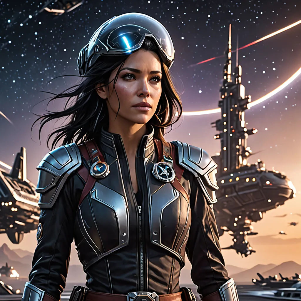a woman in a space suit standing in front of a space station with a spaceship in the background and a distant star filled sky, concept art, key art, space art, Eve Ryder