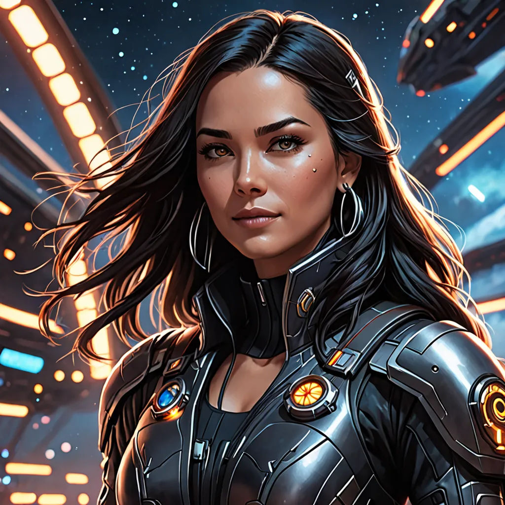 a woman in a futuristic suit standing in front of a cityscape with lights and stars in the background, a character portrait, comic cover art, space art, Eve Ryder