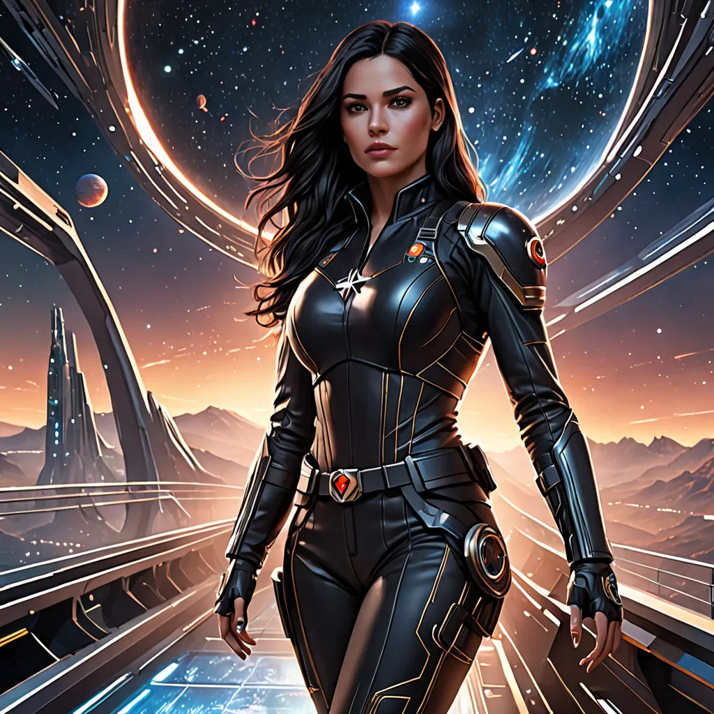 a woman in a futuristic suit is walking through a space station with a spaceship in the background and a distant planet in the background, concept art, comic cover art, space art, Eve Ryder
