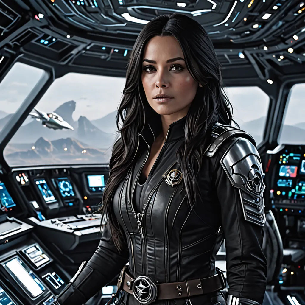 a woman in a black leather outfit standing in a space station with a spaceship in the background and a mountain range in the distance, a character portrait, promotional image, cobra, Eve Ryder