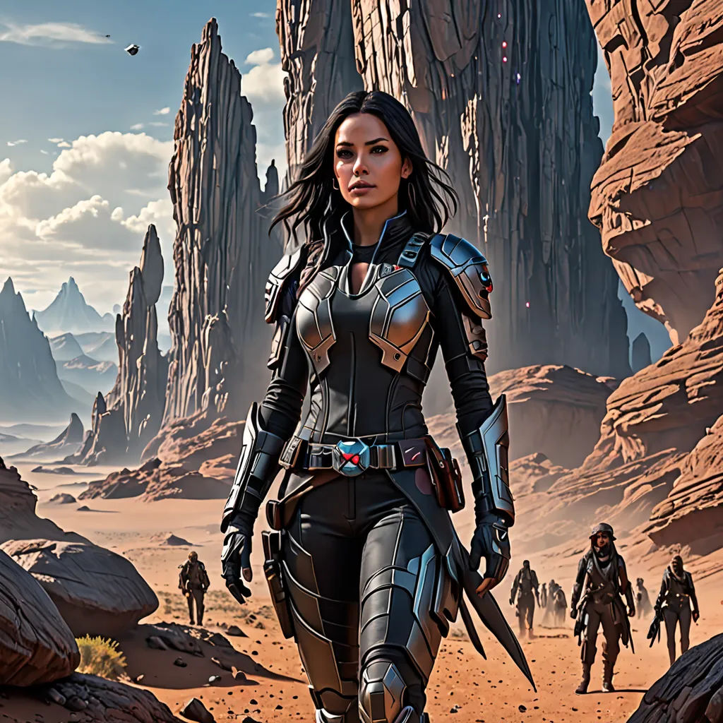 a woman in a futuristic suit walking through a desert area with other people in the background and a mountain range in the background, a detailed matte painting, mars ravelo and greg rutkowski, fantasy art, Aleksi Briclot