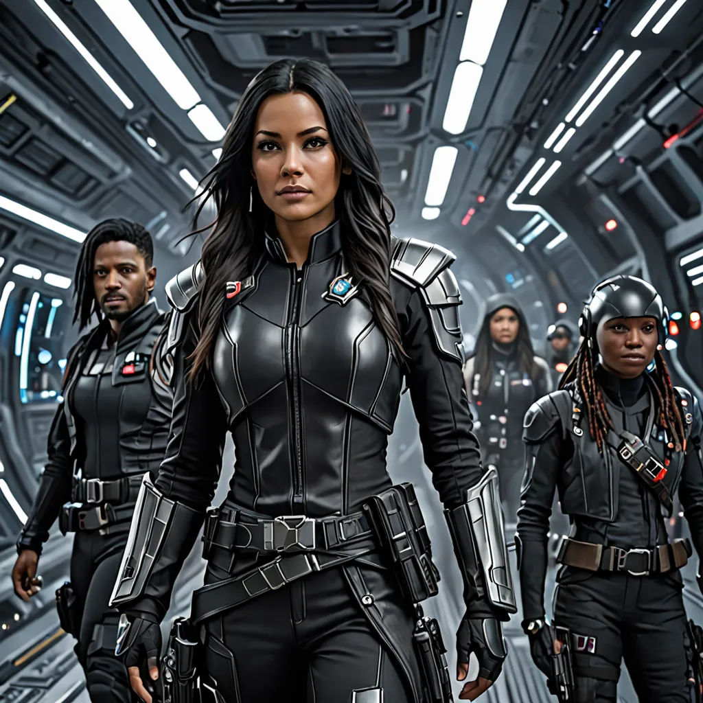 a group of women in black outfits walking down a hallway together in a sci - fi setting with other people in the background, a comic book panel, promotional image, antipodeans, Eve Ryder