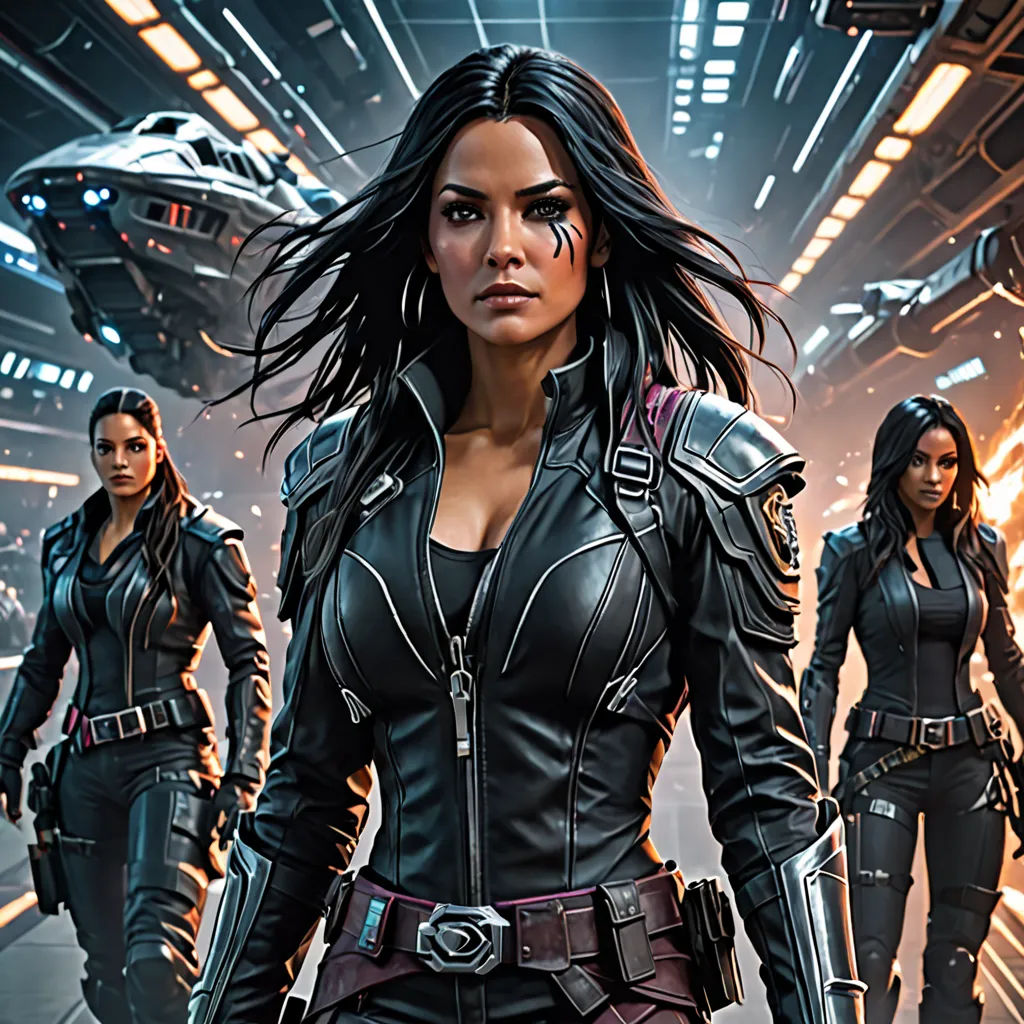 a group of women in black leather outfits walking down a street with a spaceship in the background and a spaceship in the background, concept art, comic cover art, antipodeans, Eve Ryder