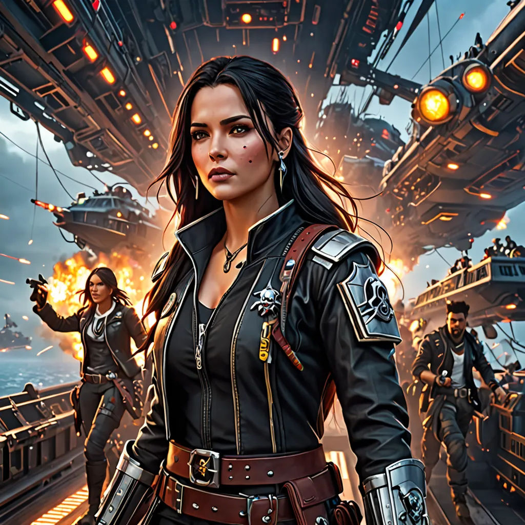 a woman in a black outfit standing on a ship with guns in her hands and other people in the background, computer graphics, key art, fantasy art, Cedric Peyravernay