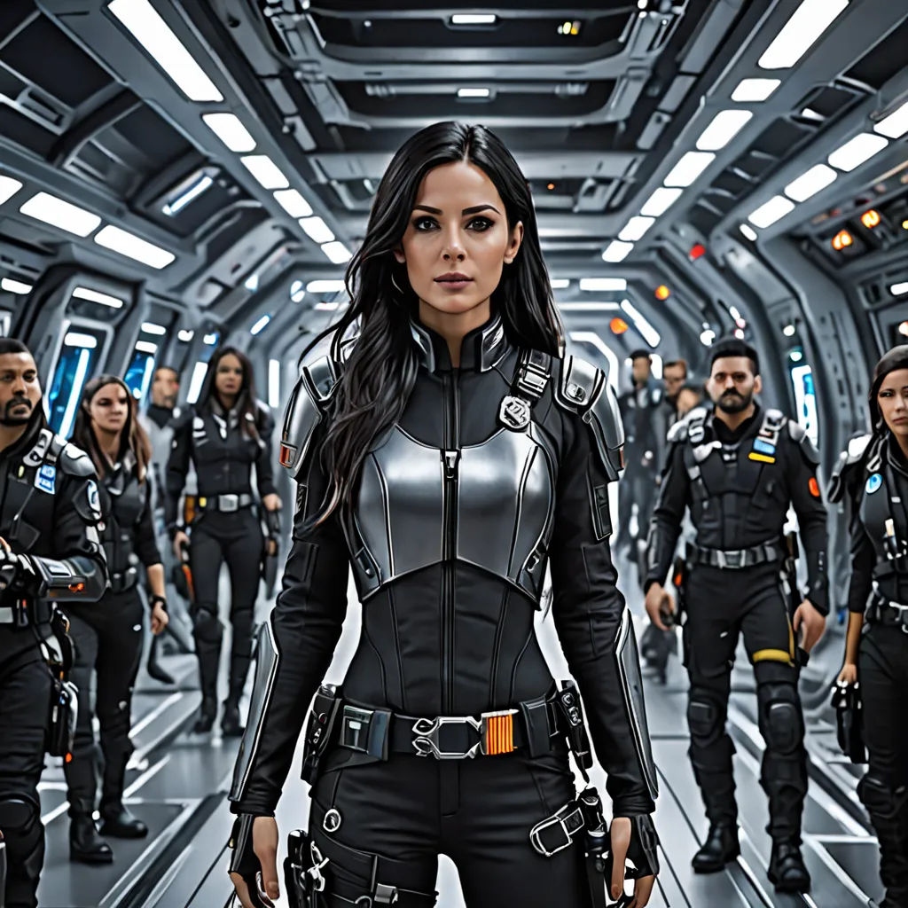 a woman in a sci - fi fi outfit standing in a hallway with other people in the background and a man in a suit, poster art, promotional image, cobra, Eve Ryder