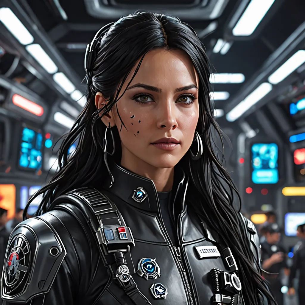 a woman in a futuristic suit standing in a room with other people in the background and a man in a black suit, a character portrait, cgstudio, photorealism, Aleksi Briclot