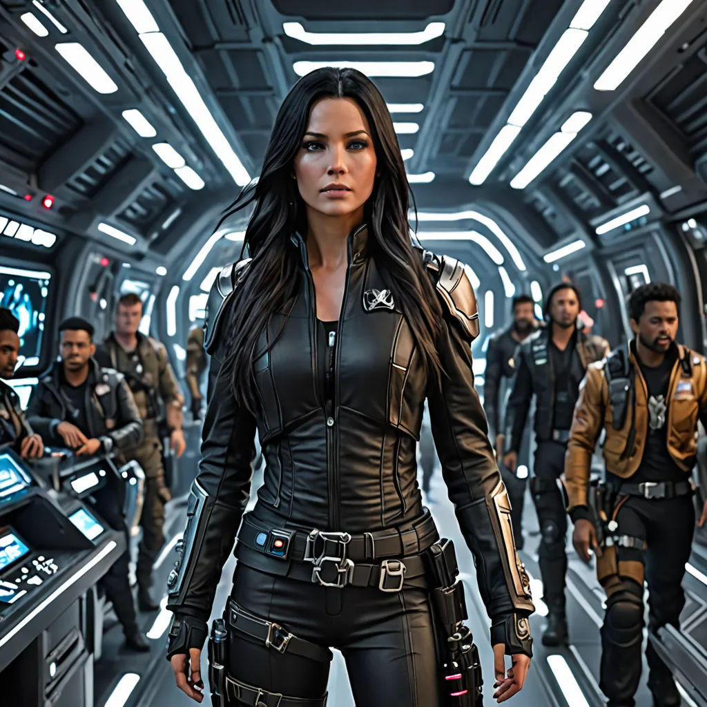 a woman in a black leather outfit standing in a sci - fi fi fi room with other people in the background, poster art, promotional image, antipodeans, Eve Ryder