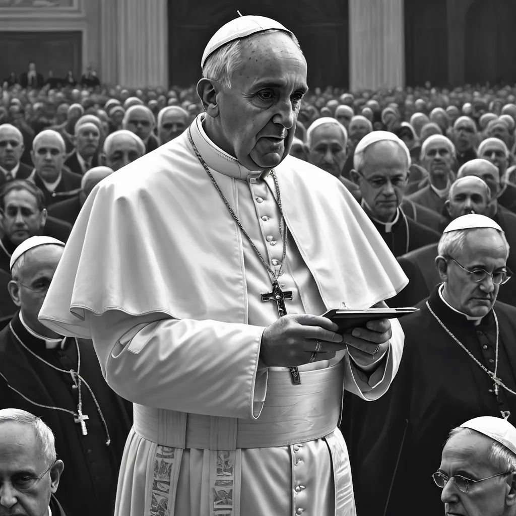 a man in a priest's robes standing in front of a crowd of people with a cell phone, photorealism, an ultrafine detailed painting, Fra Angelico, highly detailed digital painting
