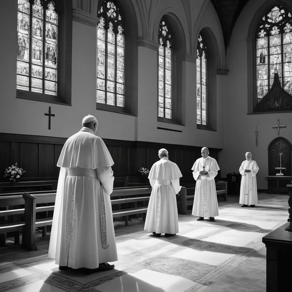 a group of people standing in a church with priestes in front of them and a priest in the back, light and space, a black and white photo, Bernd Fasching, cinematic photography