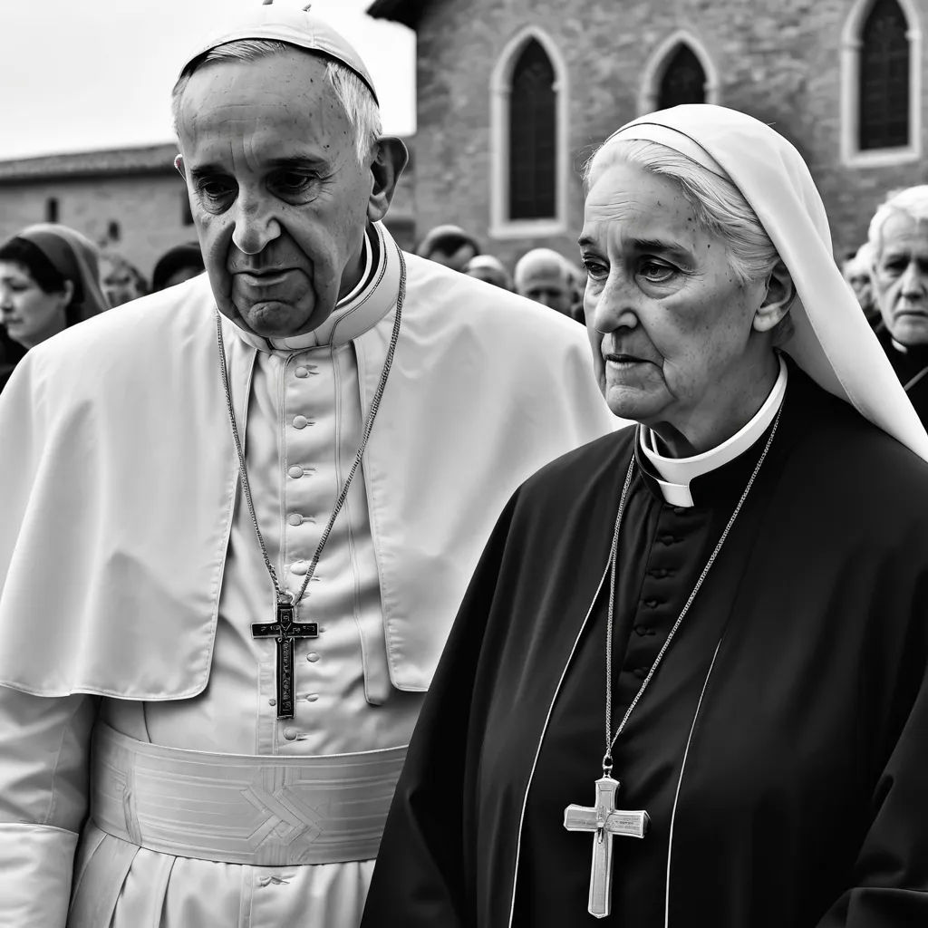 a man and woman standing next to each other in front of a church with a cross on the front, antipodeans, a black and white photo, Constance Copeman, award-winning photograph