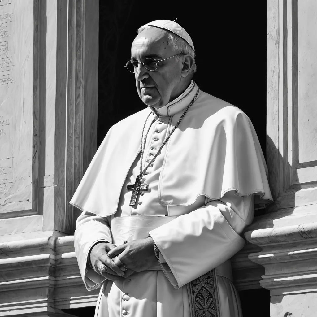 a man in a priest's outfit standing in a doorway with his hands folded out and looking at the camera, mannerism, a black and white photo, Bernie D’Andrea, portrait photography