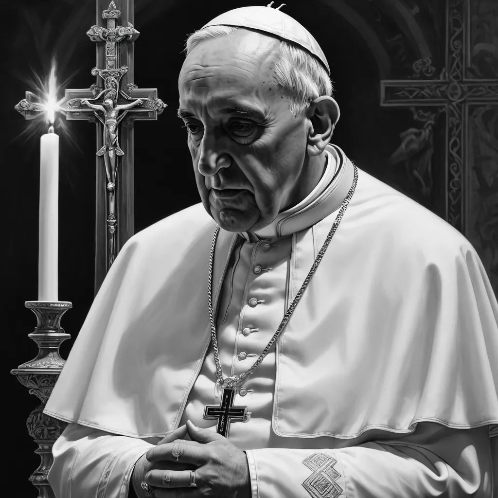 a black and white photo of a priest in front of a cross and a candle with a lit candle in the middle, photorealism, a photorealistic painting, Donato Giancola, highly detailed digital painting