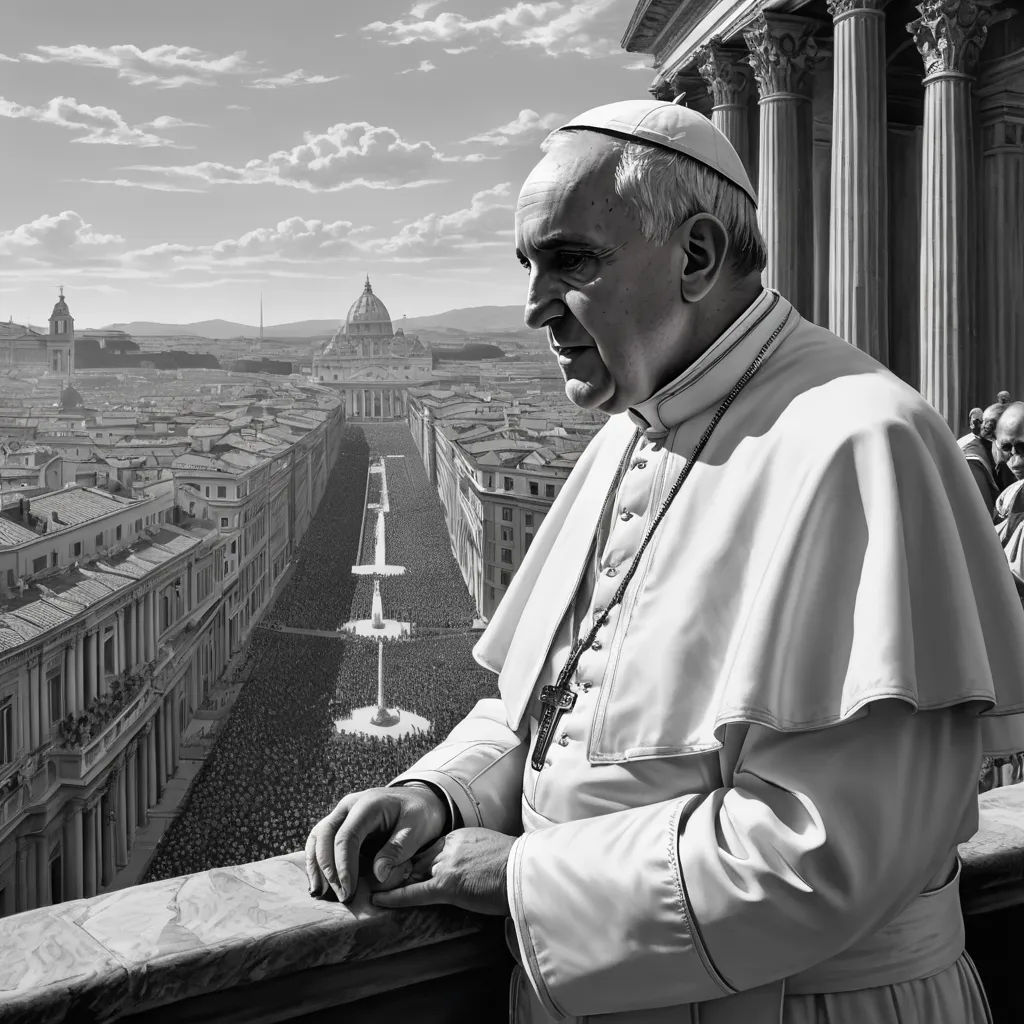 a man in a white robe standing on a balcony overlooking a cityscape and a fountain with a fountain in the middle, photorealism, an ultrafine detailed painting, Carel Willink, highly detailed digital painting