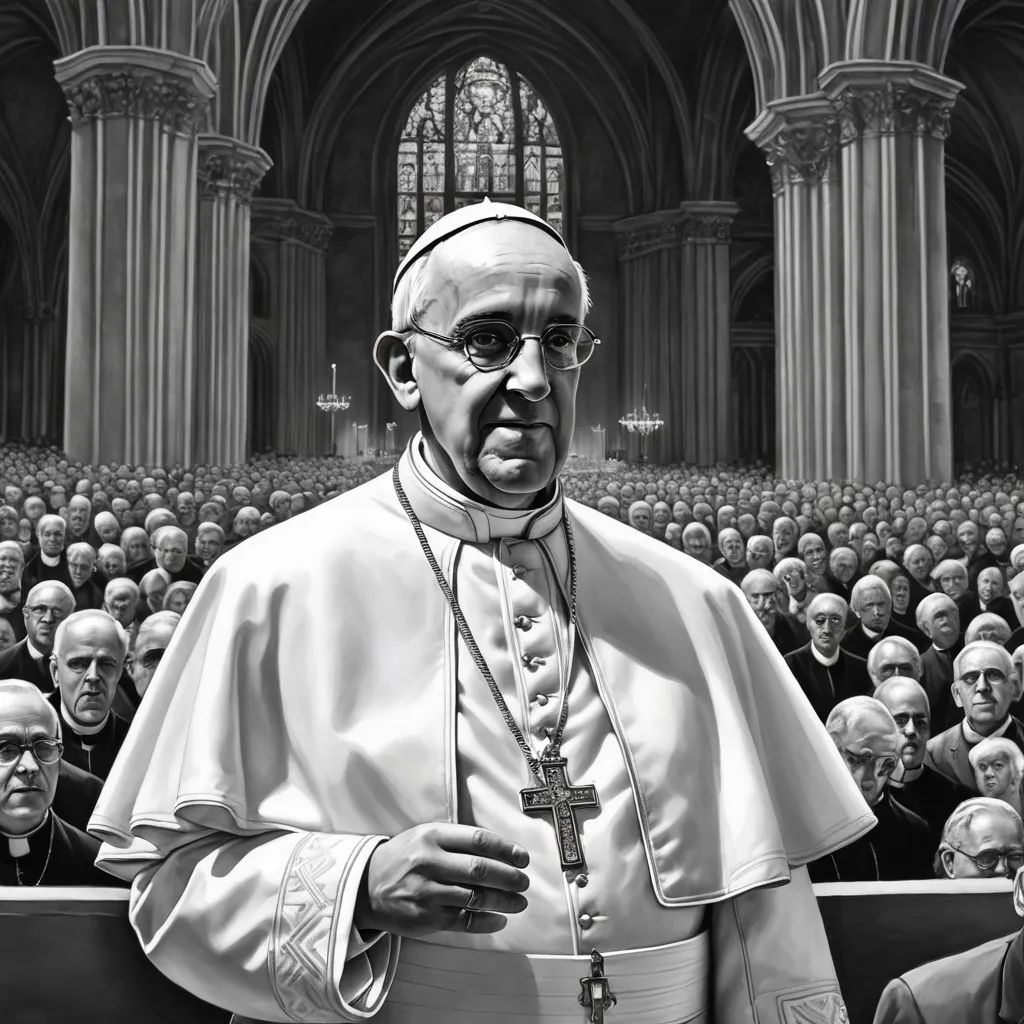 a black and white photo of a priest in front of a crowd of people in a church with a large window, photorealism, an ultrafine detailed painting, Donato Giancola, highly detailed digital painting