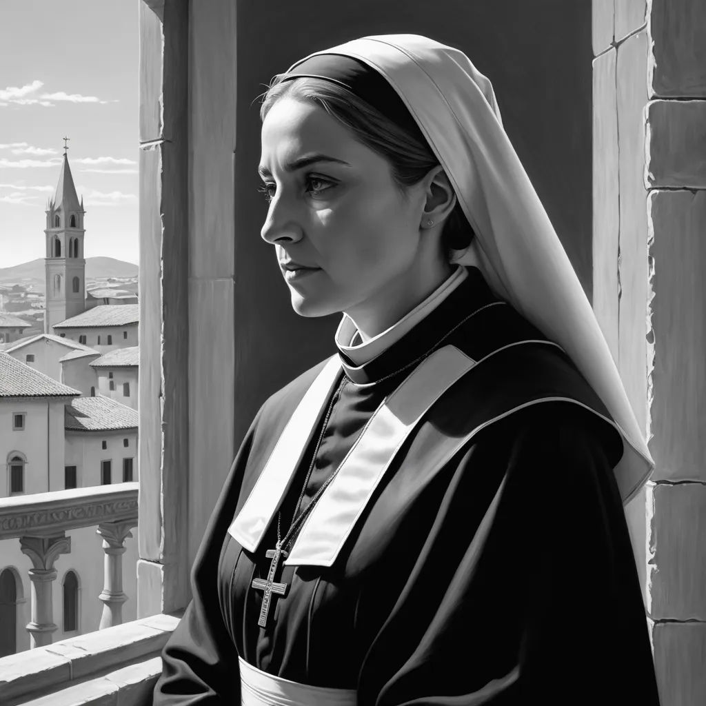 a woman in a nun outfit looking out a window at a cityscape with a church steeple in the background, hyperrealism, an ultrafine detailed painting, David Palumbo, matte painting
