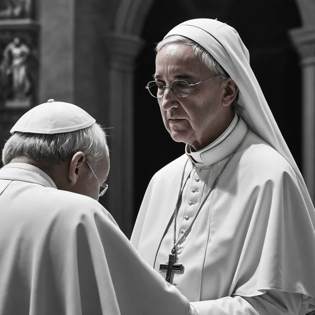 a man in a white robe and a nun in a black and white photo talking to each other in front of a building, precisionism, an ultrafine detailed painting, Ed Benedict, cinematic photography