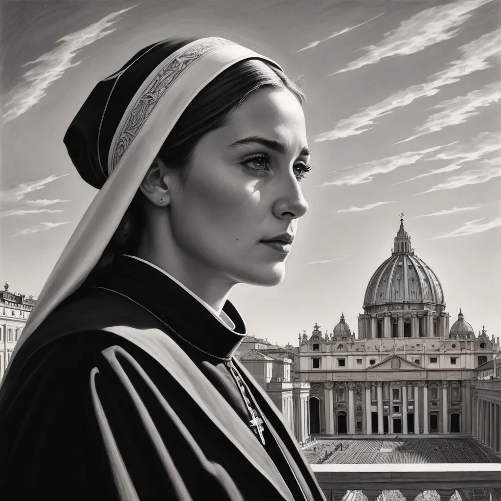 a woman in a nun outfit standing in front of a building with a dome on top of it and a sky background, photorealism, an ultrafine detailed painting, Dino Valls, extremely detailed oil painting