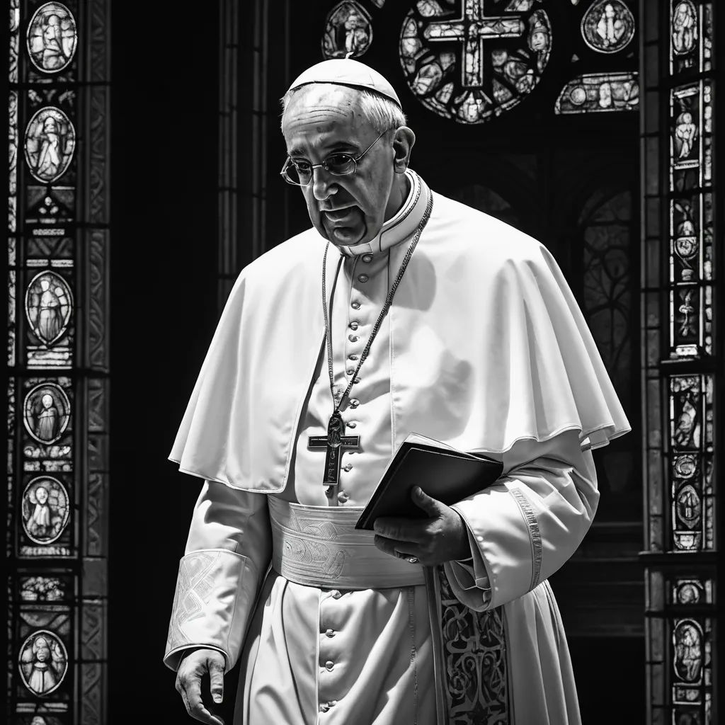 a man in a priest outfit holding a book in front of a stained glass window with a clock in the background, neoism, a black and white photo, Cimabue, chiaroscuro