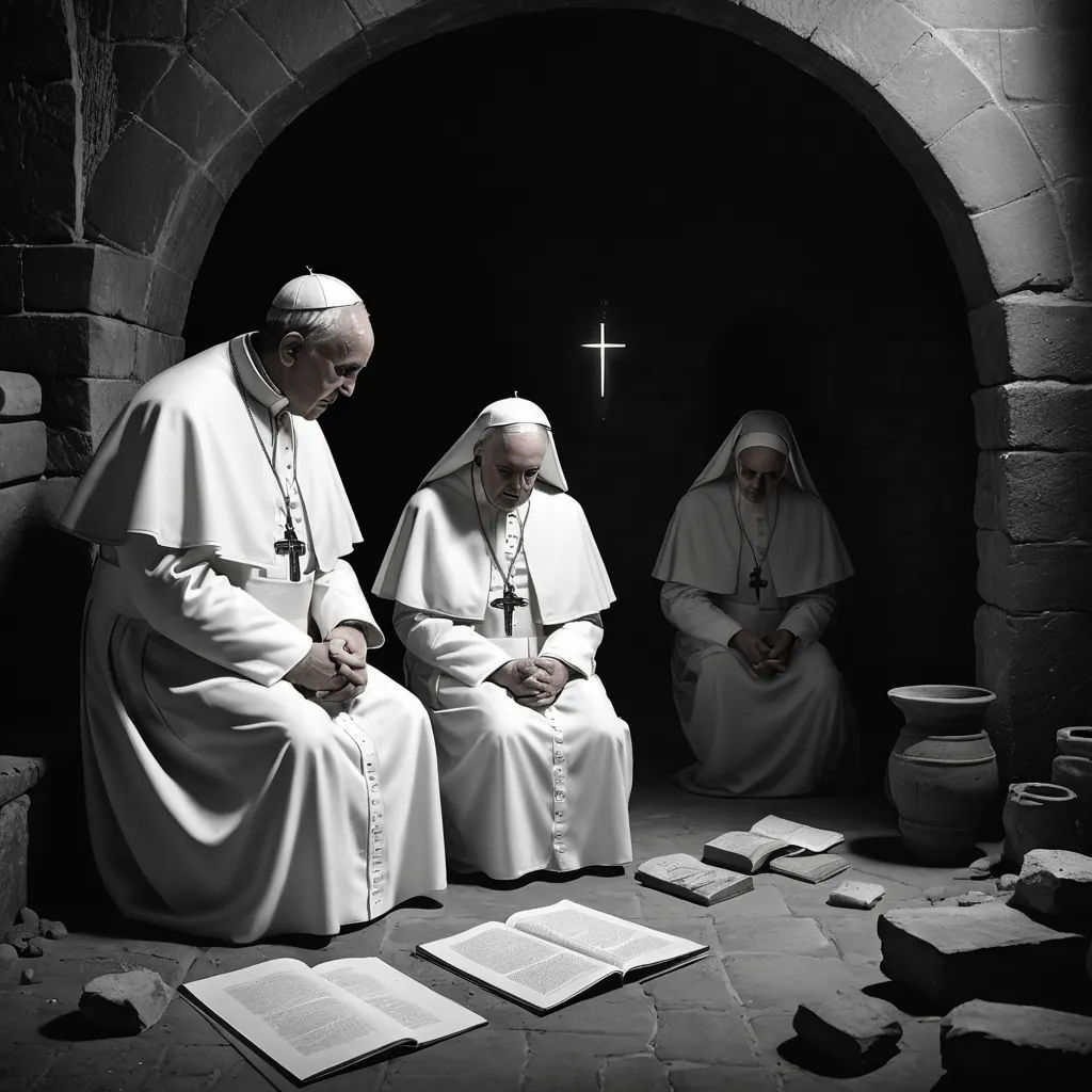 a black and white photo of two priests sitting in a cave with a book on the floor and a crucifix in the background, letterism, a matte painting, Anne Geddes, cinematic photography