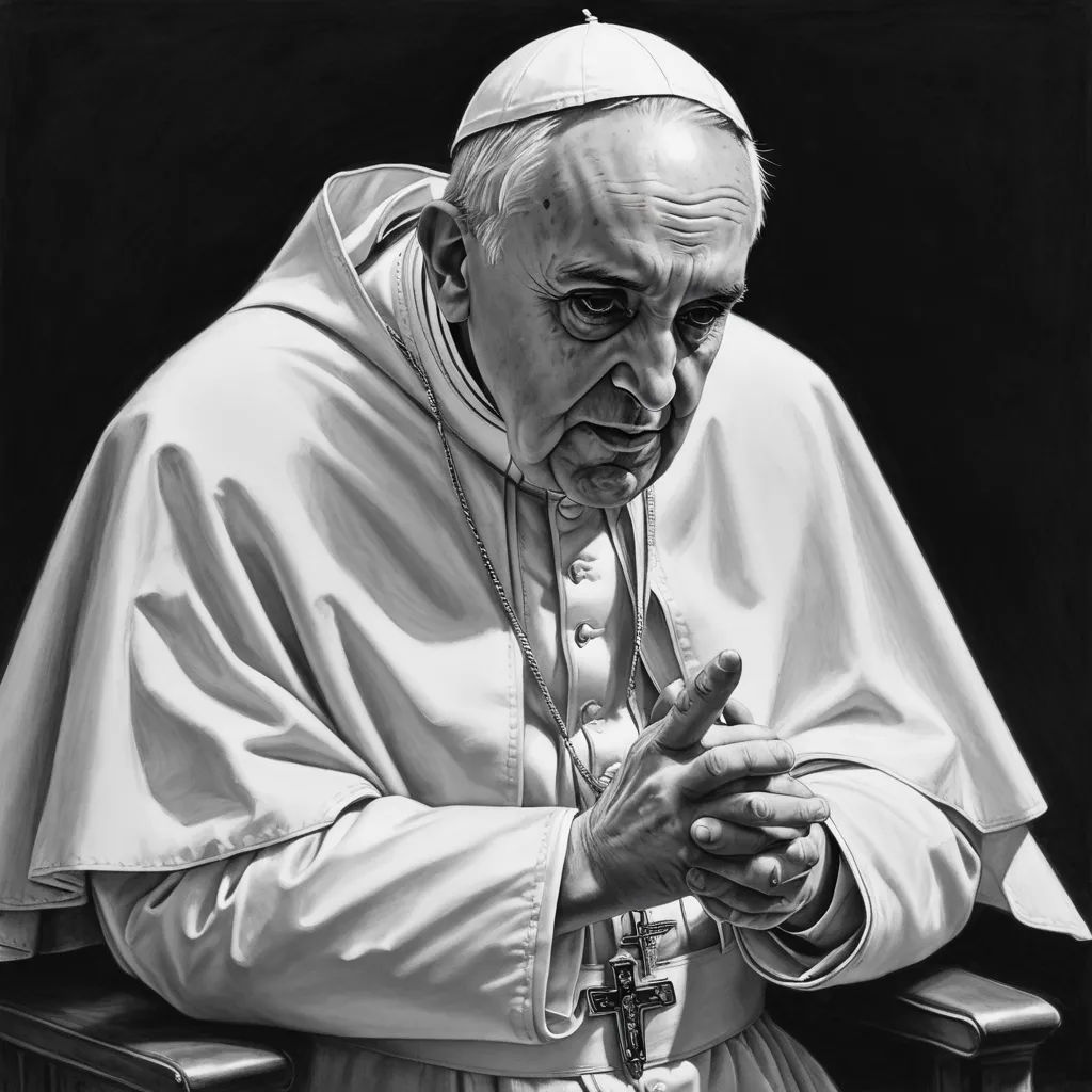 a drawing of a man in a white robe and a cross on his hand, with a black background, figurative art, an ultrafine detailed painting, Arie Smit, photorealistic portrait