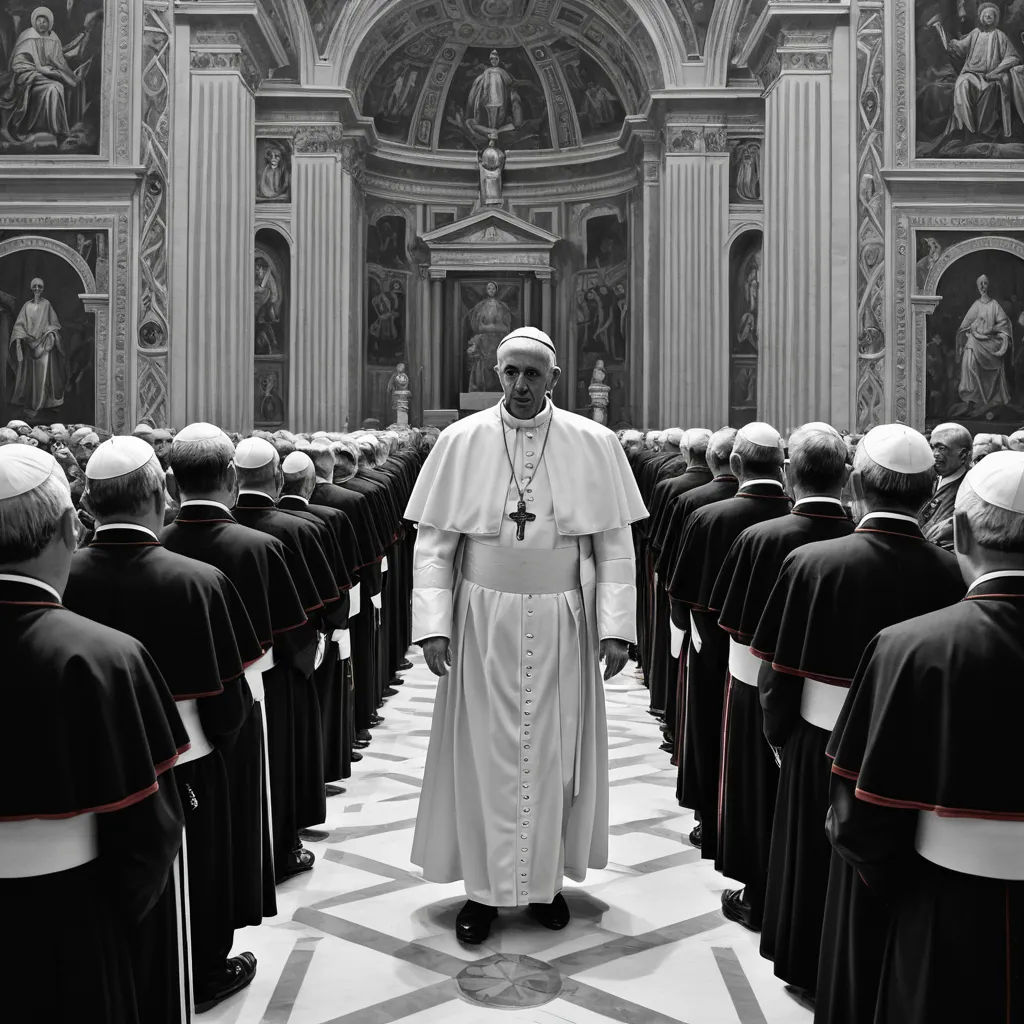 a man standing in front of a group of people in a church with a priest in the middle of the room, neoism, a matte painting, Andreas Gursky, cinematic photography