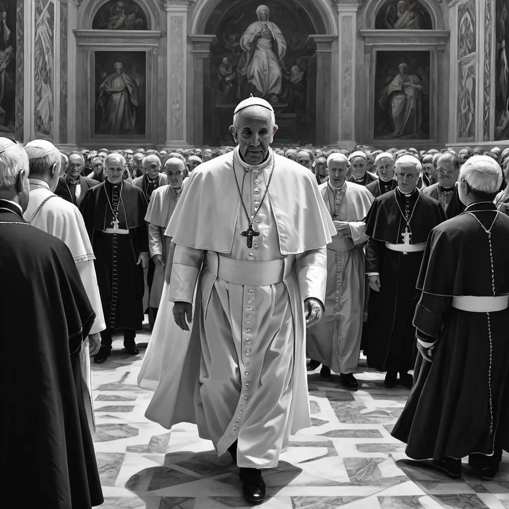 a man in a priest's outfit walking through a crowd of people in front of a painting of a man with a cross, neoism, a black and white photo, Cimabue, award-winning photograph