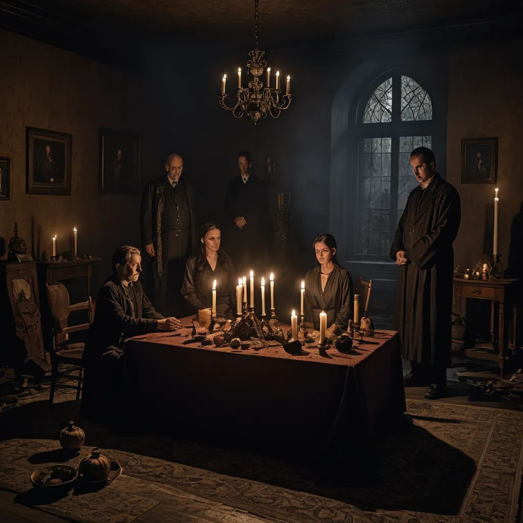 a group of people standing around a table with candles on it in a dark room with a chandelier, international gothic, a still life, Dirk Crabeth, promotional image