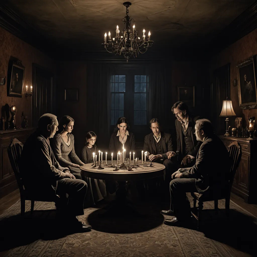 a group of people sitting around a table with a cake on it with lit candles in the middle of it, symbolism, poster art, Anne Said, promotional image