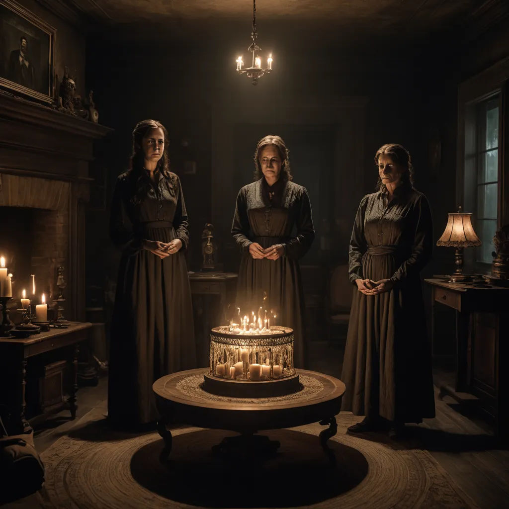three women standing in front of a cake with lit candles on it in a dark room with a fireplace, arts and crafts movement, poster art, Dirk Crabeth, promotional image