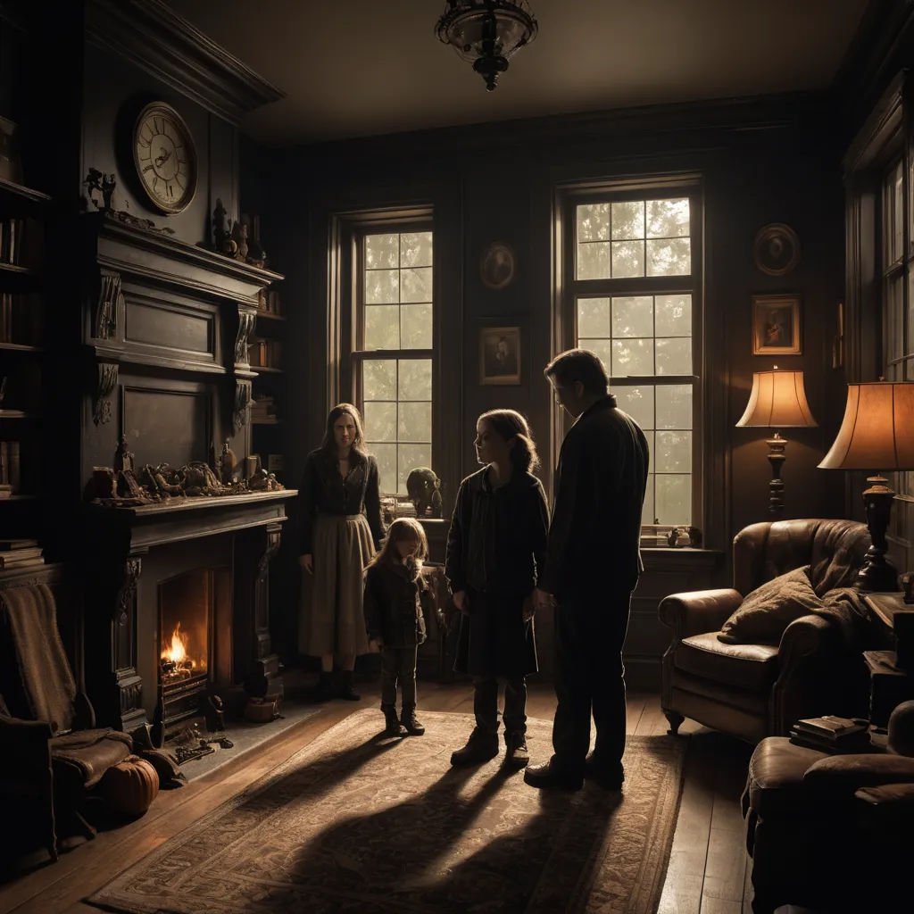 a family standing in a dark room with a fireplace and a man standing next to a woman and a child, international gothic, a detailed matte painting, Anne Said, promotional image